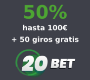 50% hasta 100€ + 50 giros gratis para Wolf Gold en 20bet Casino con codigo